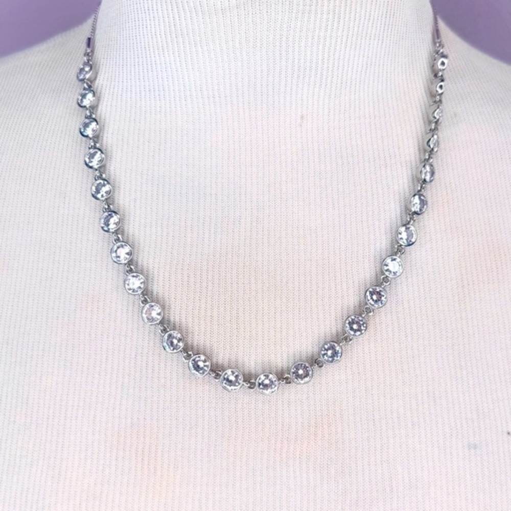 Silver Crystal Tennis Necklace Bezel Set Jewel Adjustable Minimalist Clear stone